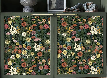 Peel and Stick Wallpaper Boho Wall Paper Removable Green Floral Contact Paper for Bedroom, Bathroom, Kitchen 17.3“ x 236.3”