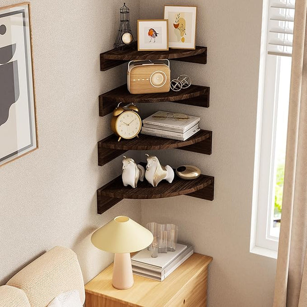 Alsonerbay Corner Shelf Wall Mount, Floating Shelves for Wall Storage and Display, Set of 4 Rustic Wood Shelves for Bedroom, Kitchen, Living Room, Nursery and Office (Dark Brown)