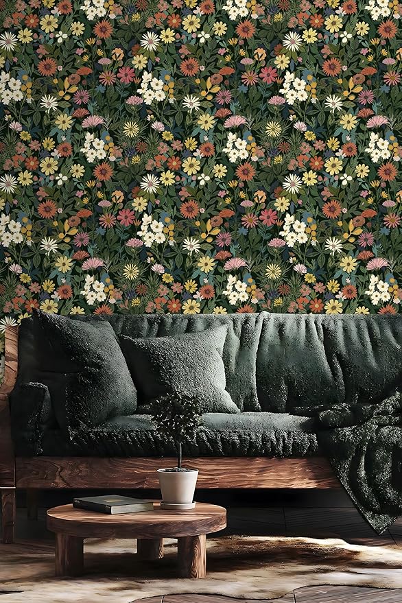 Peel and Stick Wallpaper Boho Wall Paper Removable Green Floral Contact Paper for Bedroom, Bathroom, Kitchen 17.3“ x 118”