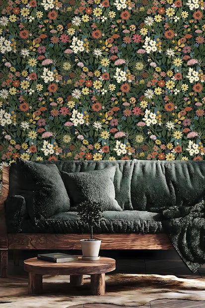 Peel and Stick Wallpaper Boho Wall Paper Removable Green Floral Contact Paper for Bedroom, Bathroom, Kitchen 17.3“ x 118”
