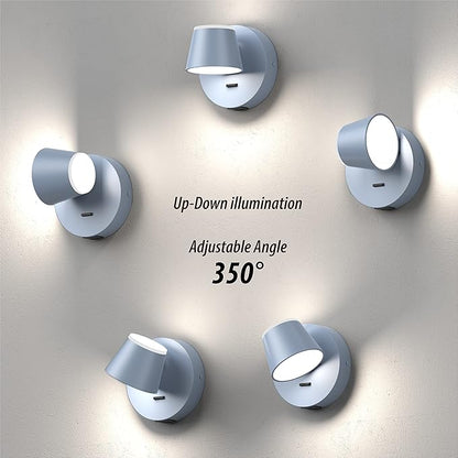 URSOLA Wall Light Set of Two, LED Wall Sconce with On/Off Switch USB Charging Port 110 Volt Hardwired Wall Lamp 350 Rotatable Up Down Sconces Wall Lighting (Blue)