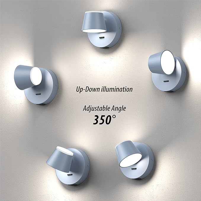 URSOLA Wall Light Set of Two, LED Wall Sconce with On/Off Switch USB Charging Port 110 Volt Hardwired Wall Lamp 350 Rotatable Up Down Sconces Wall Lighting (Blue)