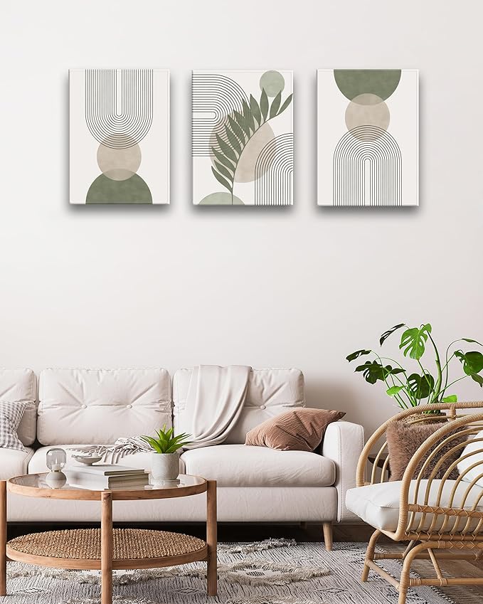 30x40CM Sage Green Boho Wall Art,Framed Canvas Bathroom Wall Art Pictures, Mid-Century Modern Wood Framed Abstract Prints for Bedroom,Minimalist Office Wall Decor 3Pack