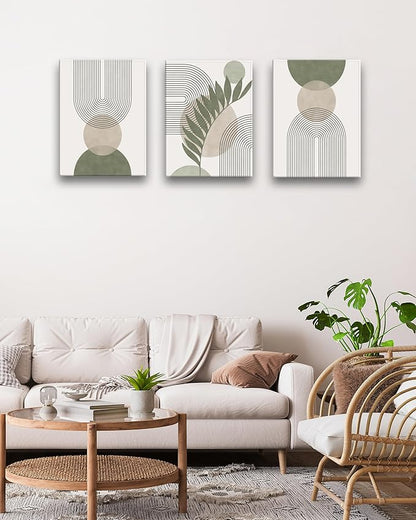 30x40CM Sage Green Boho Wall Art,Framed Canvas Bathroom Wall Art Pictures, Mid-Century Modern Wood Framed Abstract Prints for Bedroom,Minimalist Office Wall Decor 3Pack