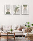 30x40CM Sage Green Boho Wall Art,Framed Canvas Bathroom Wall Art Pictures, Mid-Century Modern Wood Framed Abstract Prints for Bedroom,Minimalist Office Wall Decor 3Pack