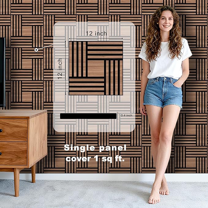 WoveN SounD Artisan Acoustic Wall Panels, 16 Pack 12x12 Inch, Wood Veneer Carved Sound Proof Wall Decor, Self-Adhesive for Home, Studio, Office & Focus Zones, Metre, Teak
