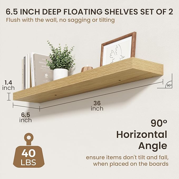 36 Inch Floating Shelves | 6.5 Inch Deep Oak Floating Shelves Set of 2 | 36