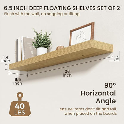 36 Inch Floating Shelves | 6.5 Inch Deep Oak Floating Shelves Set of 2 | 36" W x 6.5" D Rustic Oak Shelves with Invisible Brackets for Bathroom Living Room Bedroom