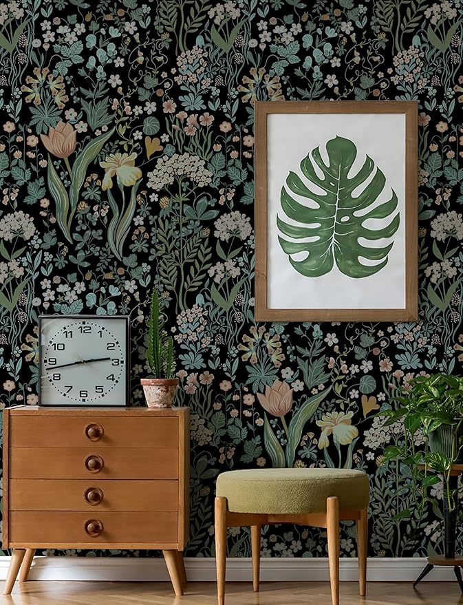 Peel and Stick Wallpaper Vintage Wall Paper Black Floral Contact Paper Removable Wallpaper 17.3