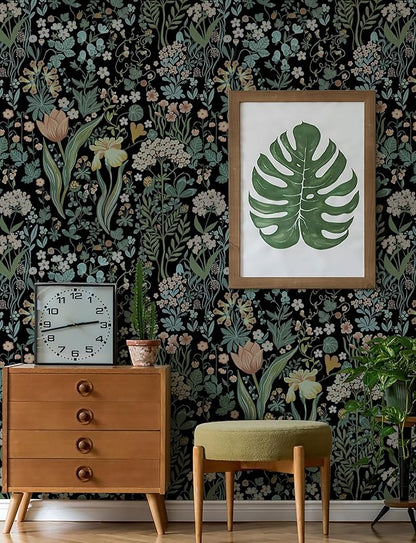 Peel and Stick Wallpaper Vintage Wall Paper Black Floral Contact Paper Removable Wallpaper 17.3"x196.8" Leaf Flower Self Adhesive for Bedroom Drawer Decor Vinyl Rolls