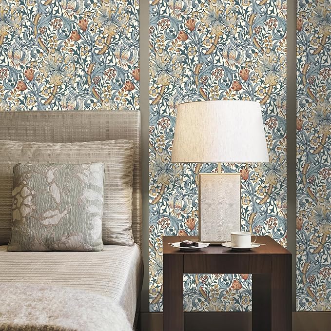 Vintage Wallpaper Peel and Stick Boho Wall Paper Removable Waterproof Golden Lily Contact Paper for Bedroom, Bathroom, Home Wall 17.3" x 118"