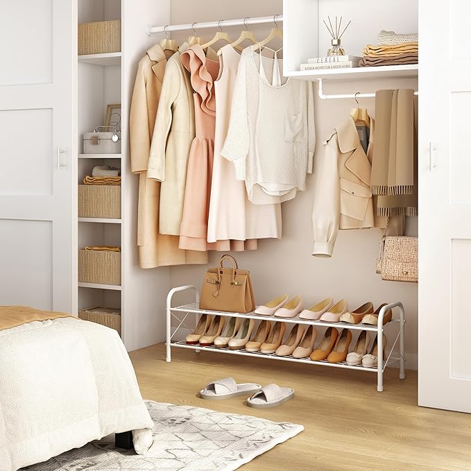 Hoctieon 2 Tier Shoe Rack for Closet, Durable Mesh Style Shoe Rack, Entryway Shoe Shelf, Shoe Storage Organizer for Hallway, Bedroom, Living Room, Wardrobe, White