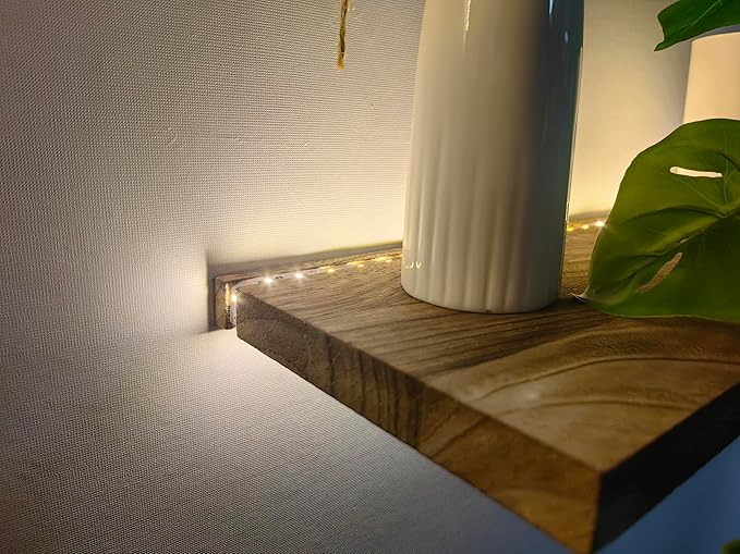 Floating Shelves for Wall Decor Wood Wall Mounted Shelves with LED Lights Set of 2, Sturdy Rustic Wood Shelves Farmhouse Shelf Hanging for Bathroom, Bedroom, Living Room, Kitchen (Battery powwer)