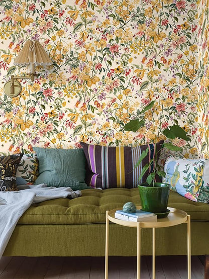Floral Wallpaper Peel and Stick Boho Wall Paper Removable Waterproof Yellow/Green/Red Contact Paper for Bedroom, Bathroom, Home Wall 17.3" x 118"