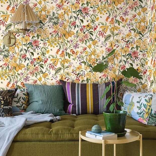 Floral Wallpaper Peel and Stick Boho Wall Paper Removable Waterproof Yellow/Green/Red Contact Paper for Bedroom, Bathroom, Home Wall 17.3" x 118"