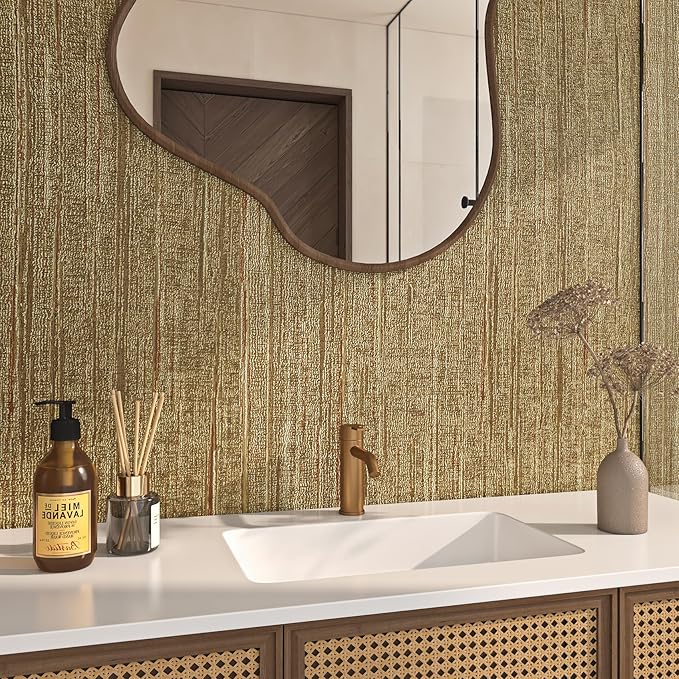 FunStick Brown Gold Grasscloth Peel and Stick Wallpaper Textured Grass Cloth Wall Paper Peel and Stick for Bathroom Bedroom Kitchen Vintage Gold Contact Paper for Cabinets Walls Waterproof 12
