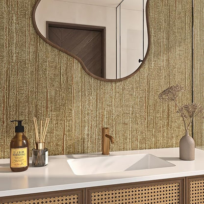 FunStick Brown Gold Grasscloth Peel and Stick Wallpaper Textured Grass Cloth Wall Paper Peel and Stick for Bathroom Bedroom Kitchen Vintage Gold Contact Paper for Cabinets Walls Waterproof 12"x200"