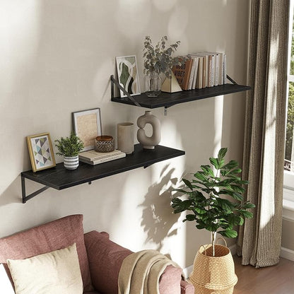 Deep Floating Shelves Wall Mounted, 36"x12" Black Wall Shelves with Brackets Set of 2 for Bedroom, Living Room, Bathroom, Kitchen, Office - Storage & Display Shelf for Decor, Books, Plants