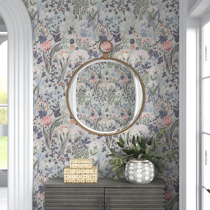 Peel and Stick Wallpaper Vintage Wall Paper Gray/Purple Floral Contact Paper Removable Wallpaper 17.3