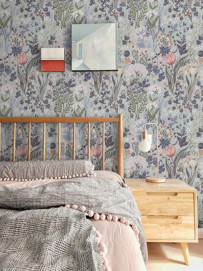 Peel and Stick Wallpaper Vintage Gray Purple Wallpaper Floral Contact Paper Removable 17.3"x78.7" Leaf Flower Self Adhesive for Bedroom Drawer Decor