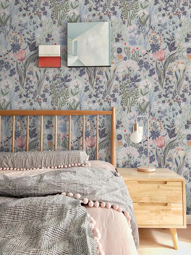 Peel and Stick Wallpaper Vintage Gray Purple Wallpaper Floral Contact Paper Removable 17.3