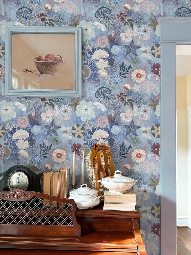 Ismoon Floral Peel and Stick Wallpaper Vintage Blue Contact Paper Jellyfish Ocean Stick on Wall Paper Removable Self Adhesive Vinyl Wallpaper for Bedroom Wall Decor Cabinet Refurbishment 17.3x393in