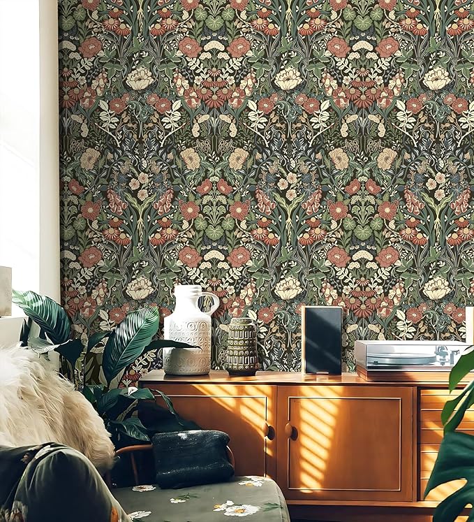 Vintage Wallpaper Peel and Stick Floral Wall Paper Removable Waterproof Green/Black/Yellow Contact Paper for Bedroom, Bathroom, Home Wall 17.3" x 118"