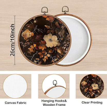 KSDUT Retro Aesthetic Floral Wall Art Decor - Botanical Neutral Mid Century Modern Wall Art Canvas Frame Hanging Prints, Vintage Landscape Round Wall Art Decor for Home Decorations 10"x10"