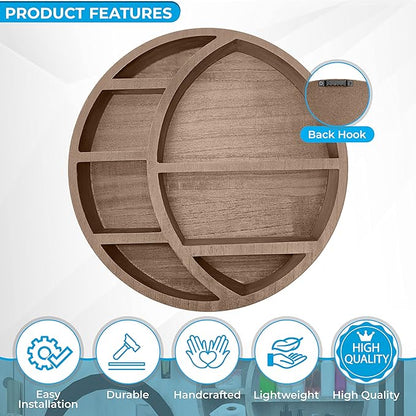 Wooden Floating Moon Shelf Wall Decor - Decorative Boho Home Hanging Display Shelf for Bedroom, Dorm, Nursery - Easy Mount Storage for Crystals and Essential Oils - 14 x 14 x 3.5 (Light Brown)