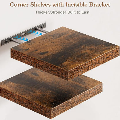 Olakee Corner Floating Shelf Set of 4, 9.84’’ Rustic Wood Wall Mounted Corner Shelf for Bathroom, Bedroom, Kitchen, Living Room, Farmhouse, Office-Heavy Duty Floating Shelves – Carbonized Black