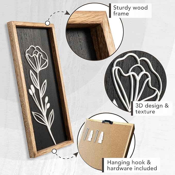 3D Vintage Black Living Room Decor (Set of 2) Lightweight, Wooden Ready-to-Hang Framed Moody Floral Wall Art for Bathroom, Bedroom or Office - Dark Textured Boho Farmhouse Wall Decor - Gift-Boxed