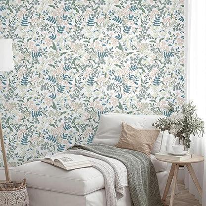 Floral Peel and Stick Wallpaper Boho Blue Floral Contact Paper Vintage Pink Flower Wallpaper Self Adhesive Removable Wall Paper for Bedroom Bathroom Cabinets Waterproof Vinyl Roll 17.3"x78.7"