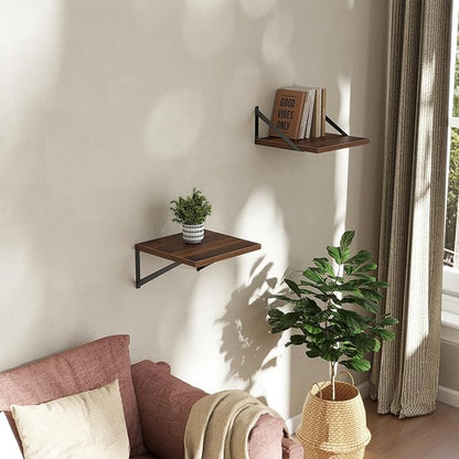 Deep Floating Shelves Wall Mounted, 12"x12" Walnut Wall Shelves with Brackets Set of 2 for Bedroom, Living Room, Bathroom, Kitchen, Office - Storage & Display Shelf for Decor, Books, Plants