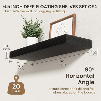 20 Inch Floating Shelves | 6.5 Inch Deep Black Floating Shelves Set of 2 | 20" W x 6.5" D Rustic Black Wood Wall Shelves with Invisible Brackets for Bathroom Living Room Bedroom