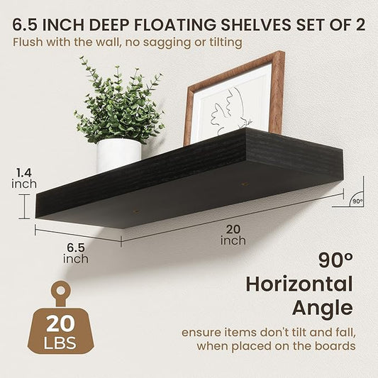 20 Inch Floating Shelves | 6.5 Inch Deep Black Floating Shelves Set of 2 | 20" W x 6.5" D Rustic Black Wood Wall Shelves with Invisible Brackets for Bathroom Living Room Bedroom
