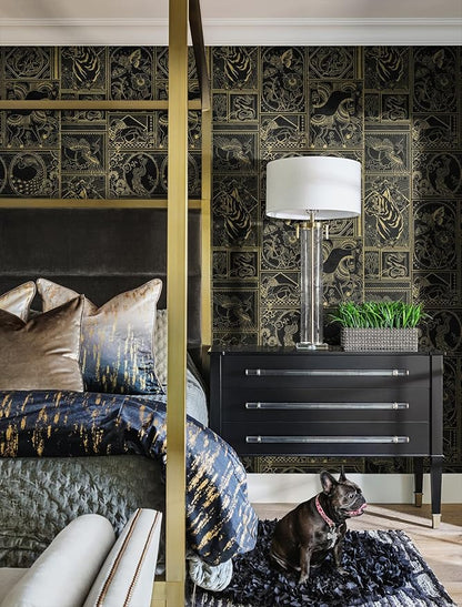Erfoni 394"x17.7" Vintage Peel and Stick Wallpaper Black and Gold Contact Paper Peel and Stick Removable Animal Pattern Wall Paper DIY Waterproof Self Adhesive Wallpaper for Accent Wall Covering
