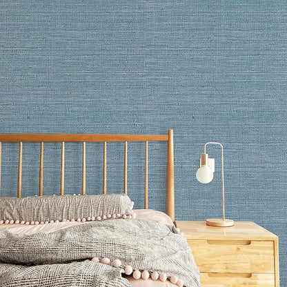 JiffDiff Grasscloth Wallpaper Peel and Stick Blue Grassweave Stick on Wallpaper Textured Self Adhesive Wall Paper Contact Paper 17.3"x472"