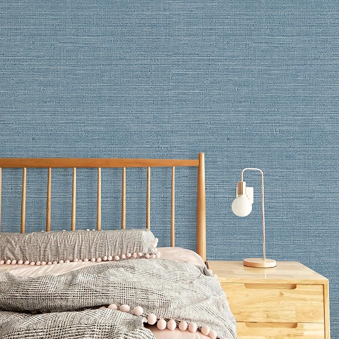 JiffDiff Grasscloth Wallpaper Peel and Stick Blue Grassweave Stick on Wallpaper Textured Self Adhesive Wall Paper Contact Paper 787