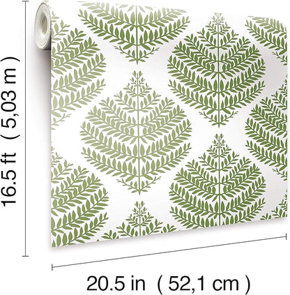 RoomMates RMK11513WP Hygge Fern Damask Green Peel and Stick Wallpaper
