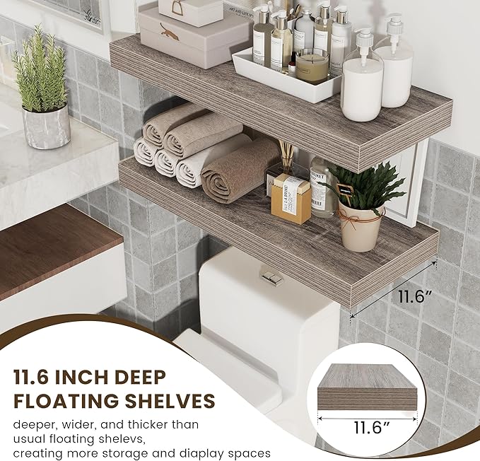 30 Inch Floating Shelves | 12 Inch Deep Grey Floating Shelves Set of 2 | 30