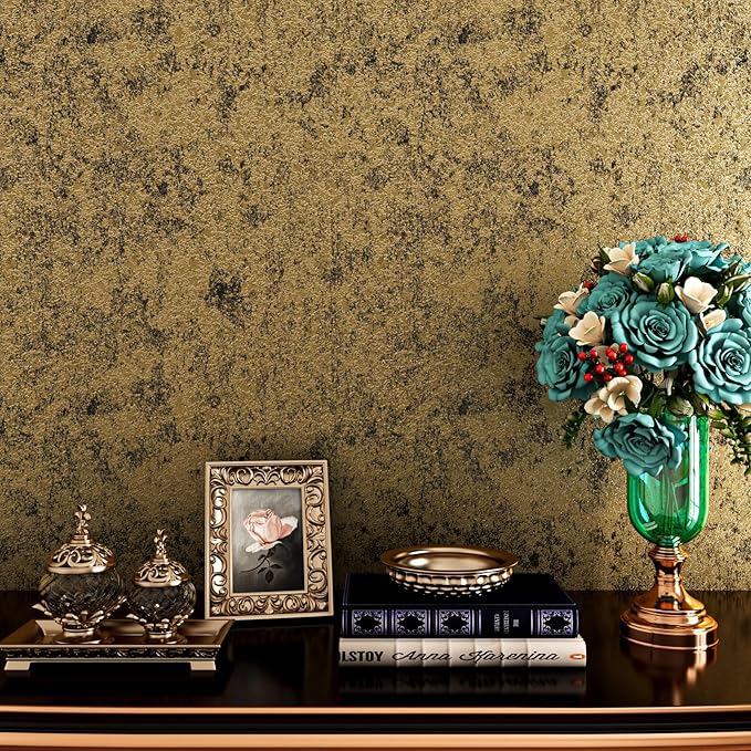 Stickyart Antique Metallic Gold Contact Paper Peel and Stick Luxury Metallic Textured Wallpaper Removable Distressed Metal Look Wall Paper Vintage Industrial for Cabinets Kitchen DIY 15.8