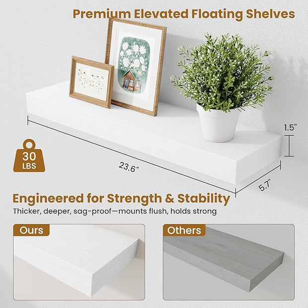 Fun Memories Floating Shelves Set of 2, 24 Inch Floating Shelves for Wall, Wood Wall Shelves with Invisible Brackets, for Bathroom, Bedroom, Living Room, Kitchen, White