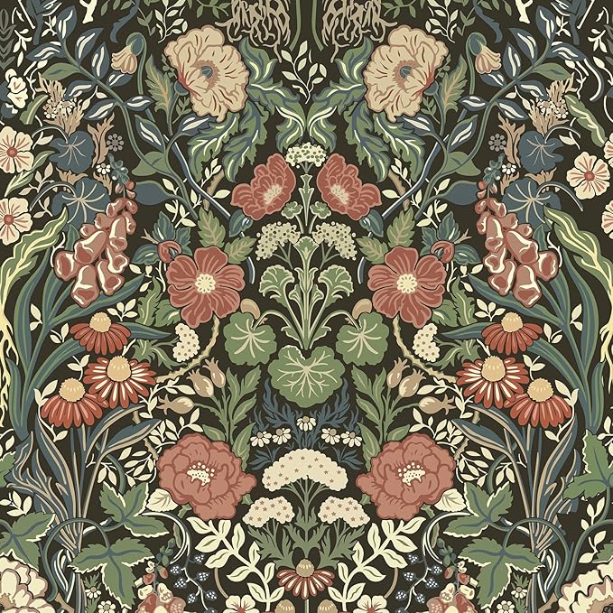 Vintage Wallpaper Peel and Stick Floral Wall Paper Removable Waterproof Green/Black/Yellow Contact Paper for Bedroom, Bathroom, Home Wall 17.3" x 118"