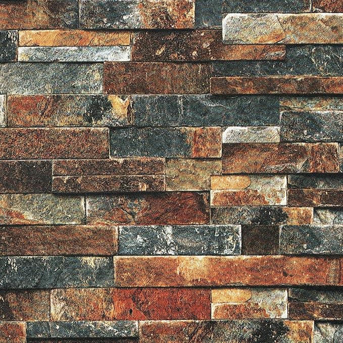 FunStick Vintage Faux Brick Wallpaper Peel and Stick 3D Textured Squares Brown Red Blue Brick Wall Paper Roll for Kitchen Bedroom Waterproof Brick Contact Paper for Walls Fireplace Removable 15.8"x80"