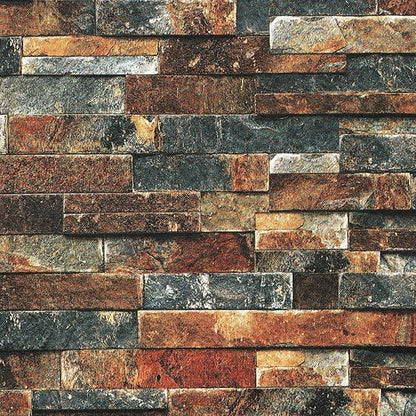 FunStick Vintage Faux Brick Wallpaper Peel and Stick 3D Textured Squares Brown Red Blue Brick Wall Paper Roll for Kitchen Bedroom Waterproof Brick Contact Paper for Walls Fireplace Removable 15.8"x80"