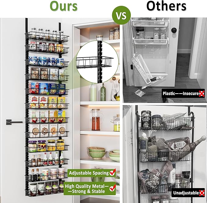 Churboro Over the Door Pantry Organizer Rack with 12 Adjustable Baskets, 12 Tiers Dual-use Spice Rack- Hanging or Wall Mount Spice Rack, Pantry Door Organizer, Black