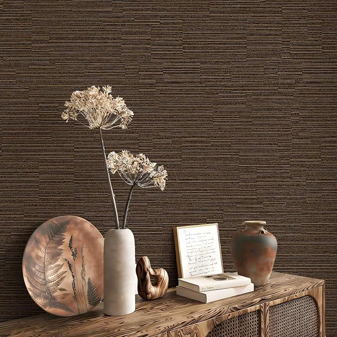 20.8" x 196.8" Textured Peel and Stick Wallpaper, Brown Grasscloth Self Adhesive Wallpaper for Bedroom Bathroom Laundry Room RV Stick and Peel Wall Paper Thickened