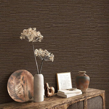 20.8" x 196.8" Textured Peel and Stick Wallpaper, Brown Grasscloth Self Adhesive Wallpaper for Bedroom Bathroom Laundry Room RV Stick and Peel Wall Paper Thickened