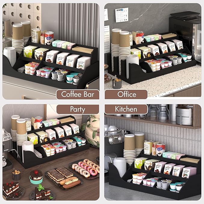 Suli Exact Large Coffee Station Organizer,Wooden Countertop Pods Holder with Drawer,Storage for Condiment Syrup Tea Cups,Rustic Bar Decor for Accessories Organizer (3 Tiers 18 Compartments)-Black