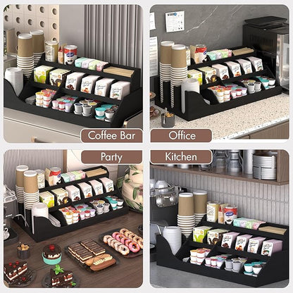 Suli Exact Large Coffee Station Organizer,Wooden Countertop Pods Holder with Drawer,Storage for Condiment Syrup Tea Cups,Rustic Bar Decor for Accessories Organizer (3 Tiers 18 Compartments)-Black